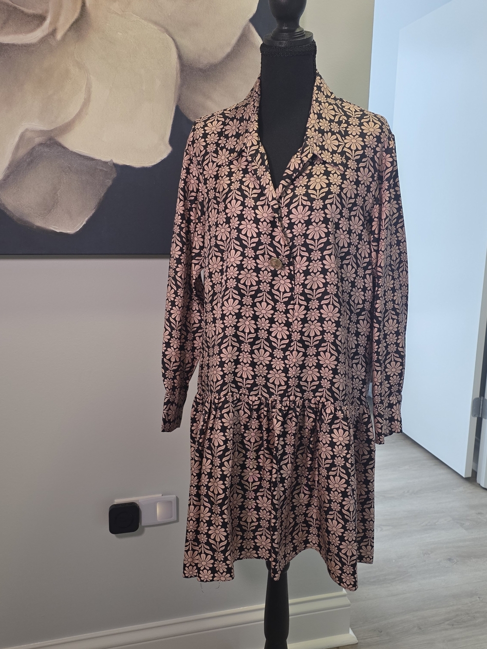 Sandro Black Silk Dress with Pink Floral Print, Long Sleeve